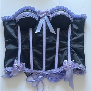 Top Drawer Steel Boned Black Satin Overbust Corset w Lavender trim & bow, 5XL🖤